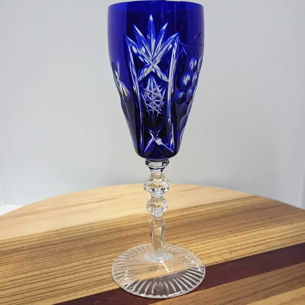 Bohemian Cut To Clear Crystal Wine Hock Cobalt Blue Etched